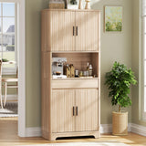 FiveWillowise 70.1" Tall Fluted Pantry Cabinet, Kitchen Storage with Countertop for Microwave, Modern Pantry Organizer Cupboard with Drawer for Dining, Living Room, Natural Wood FiveWillowise