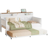 IRONCK Daybed with Trundle, Sturdy Metal Twin Bed Frame with X-Shaped Frame, Upholstered Farmhouse Daybed with Charging Station for Living Room, Bedroom, and Guest Room, White/Walnut IRONCK