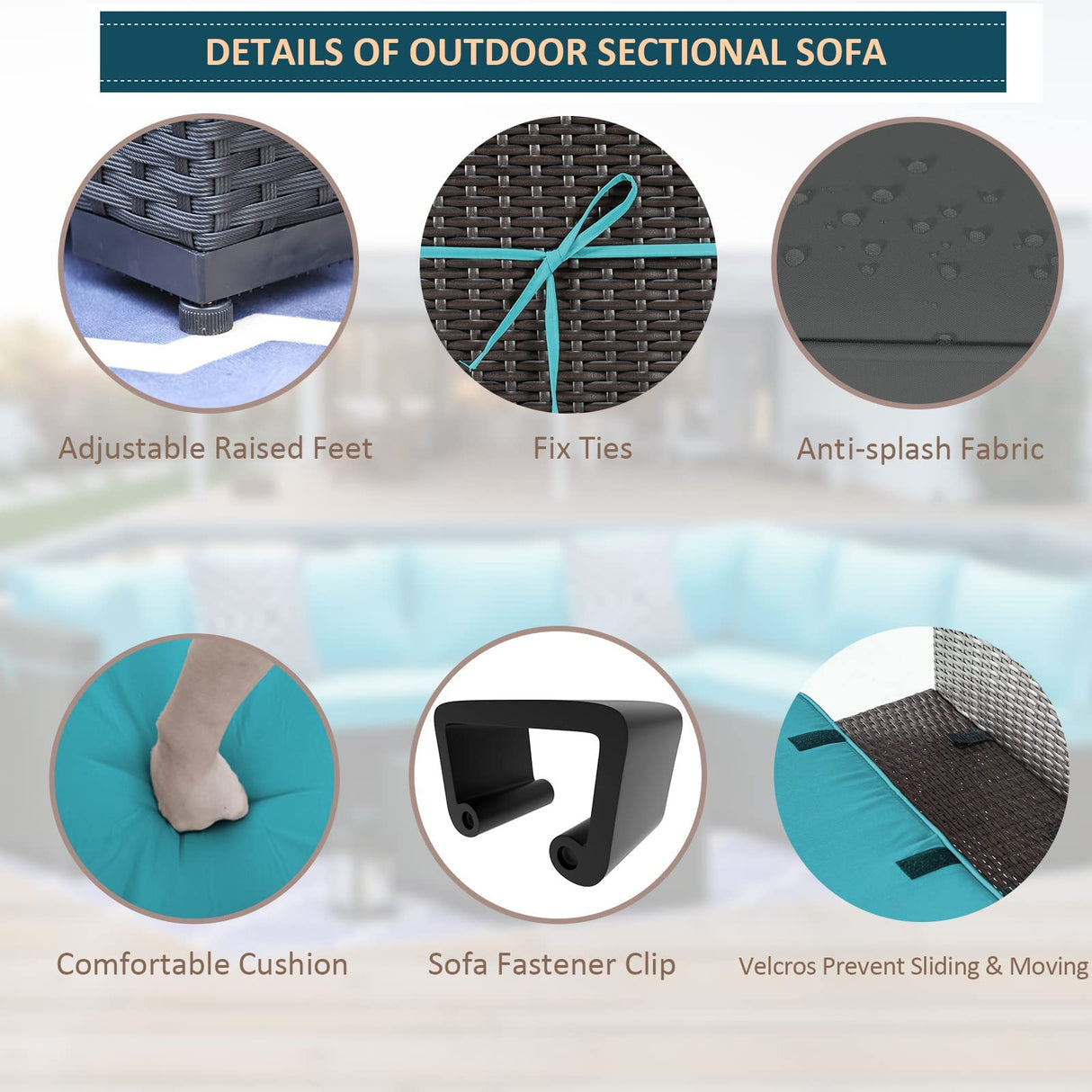 Kullavik 7 Pieces Outdoor Patio Furniture Set,Wicker Outdoor Sectional Sofa,All-Weather Patio Conversation Sets with Washable Thick Cushions & Coffee Table for Garden,Backyard,Balcony,Porch,Blue Kullavik