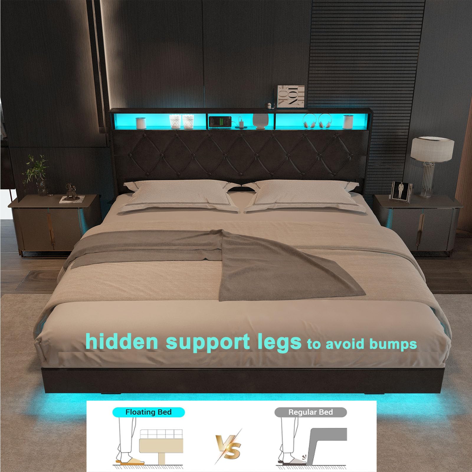 SAVOLIFE King Size LED Floating Bed Frame with Storage Headboard and Charging Station, Black - WoodArtSupply