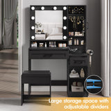 Fameill Vanity Desk with Mirror and Lights,Make up Vanity with Chair and Outlet,Dressing Table with Jewelry Cabinet, Bedroom Vanity with 2 Drawers, 3 Lighting Colors,36.4 inch,Black Fameill