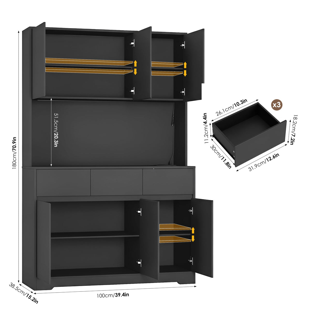 FINETONES 71" Tall Pantry Cabinet with Power Outlets and Led Lights, Large Kitchen Hutch Storage with Microwave Stand, Black Pantry Kitchen Cabinet with Cupboard FINETONES