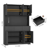 FINETONES 71" Tall Pantry Cabinet with Power Outlets and Led Lights, Large Kitchen Hutch Storage with Microwave Stand, Black Pantry Kitchen Cabinet with Cupboard FINETONES