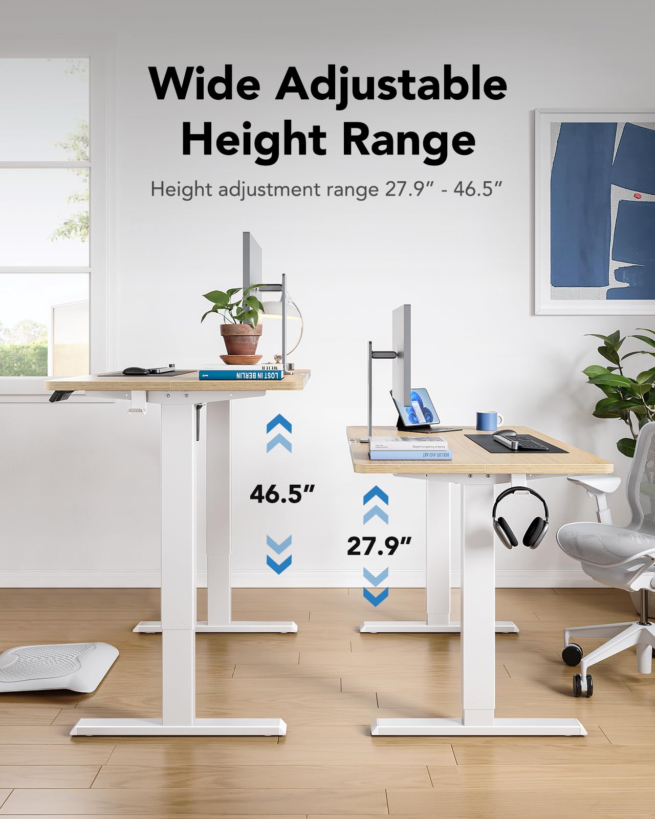 HUANUO 55" x 24" Electric Standing Desk Adjustable Height, 4 Memory Height Settings, Headphone Hook, Cable Manager, Sit Stand Up Desk for Home Office & Computer Workstation, Natural - WoodArtSupply