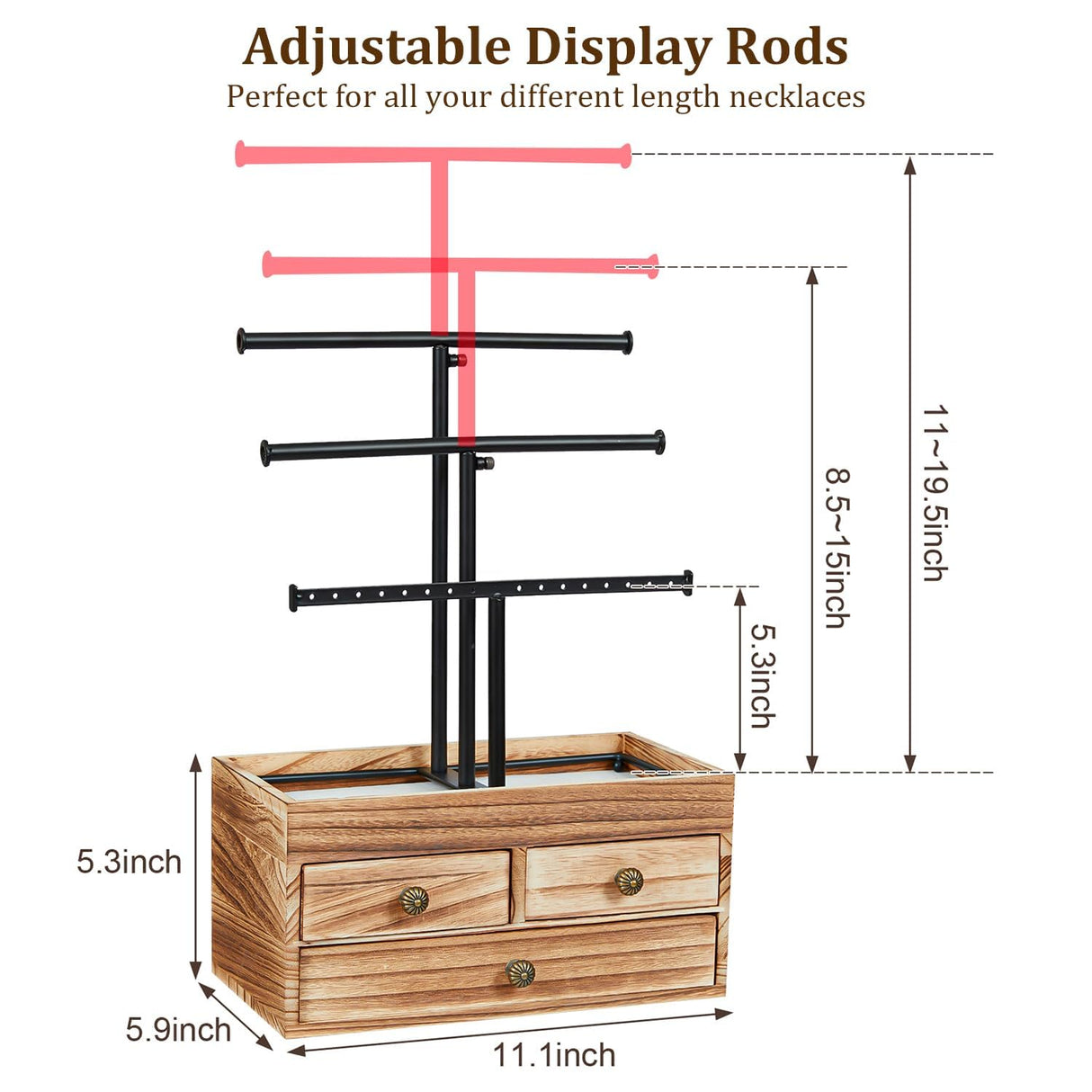 X-cosrack Jewelry Tree Stand Organizer 3 Tier Metal Jewelry Holder Stand with Wood Basic Storage Box, Adjustable Height Holder Display for Necklaces Earrings Bracelets and Rings, Carbonized Black X-cosrack