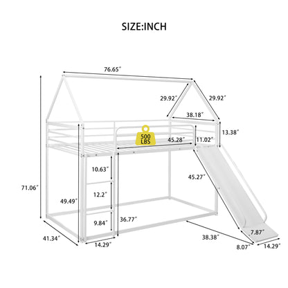 NKISHECK Metal Twin Over Twin Bunk Bed with Slide, Low House Bunk Bed for Girls Boys, White