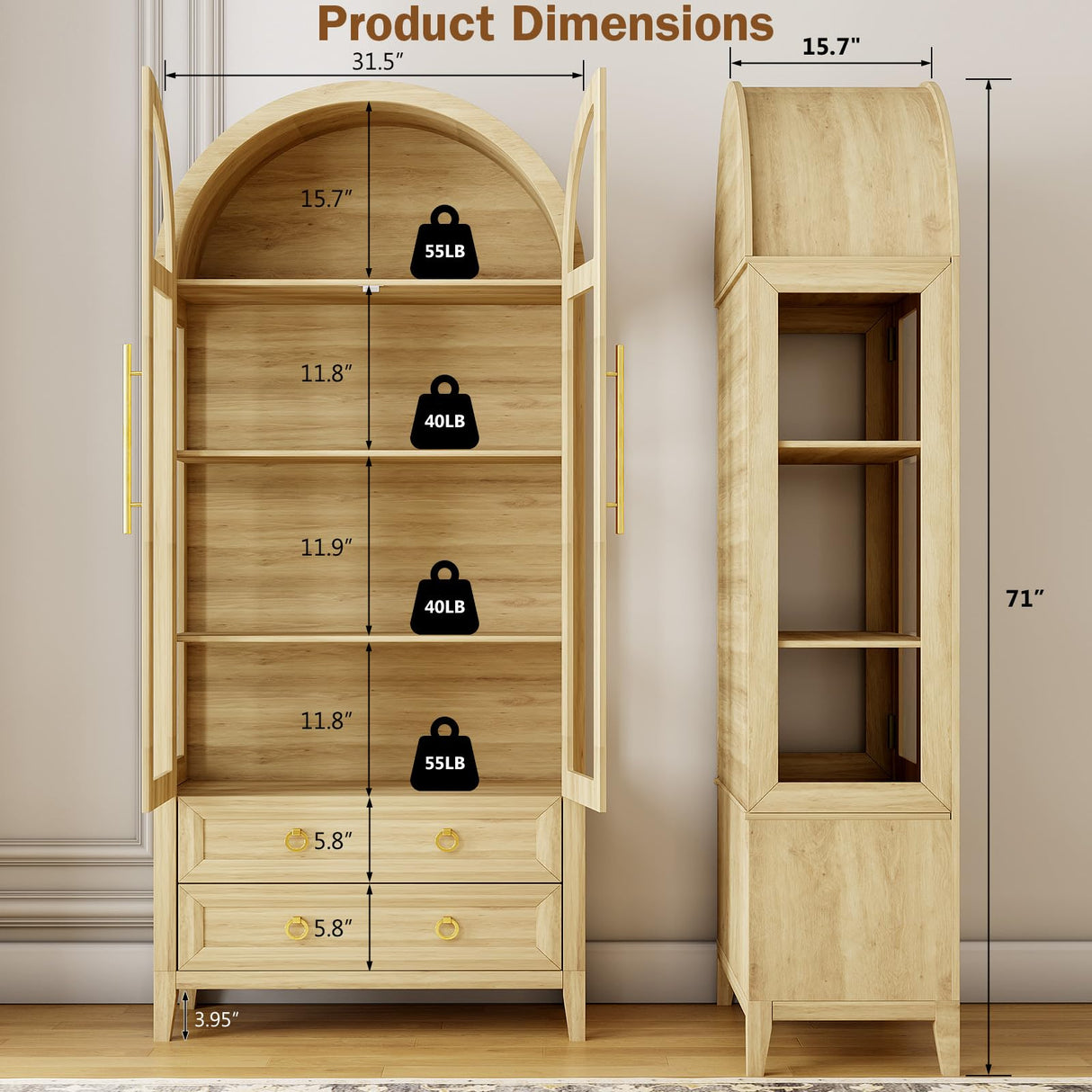 LVSOMT 71" Tall Arched Storage Cabinet with Glass Doors and Drawers, Curio Display Cabinet with Adjustable LED Light & Human Sensor, 4-Tier China Cabinet for Living Room(Wood) LVSOMT
