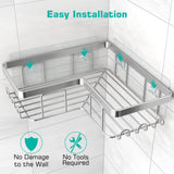 YASONIC Corner Shower Caddy, 3-Pack Adhesive Bathroom Caddy with Soap Holder and 12 Hooks, Rustproof Stainless Steel Shower Organizer, No Drilling Wall Mounted Shower Rack, Brushed Silver YASONIC