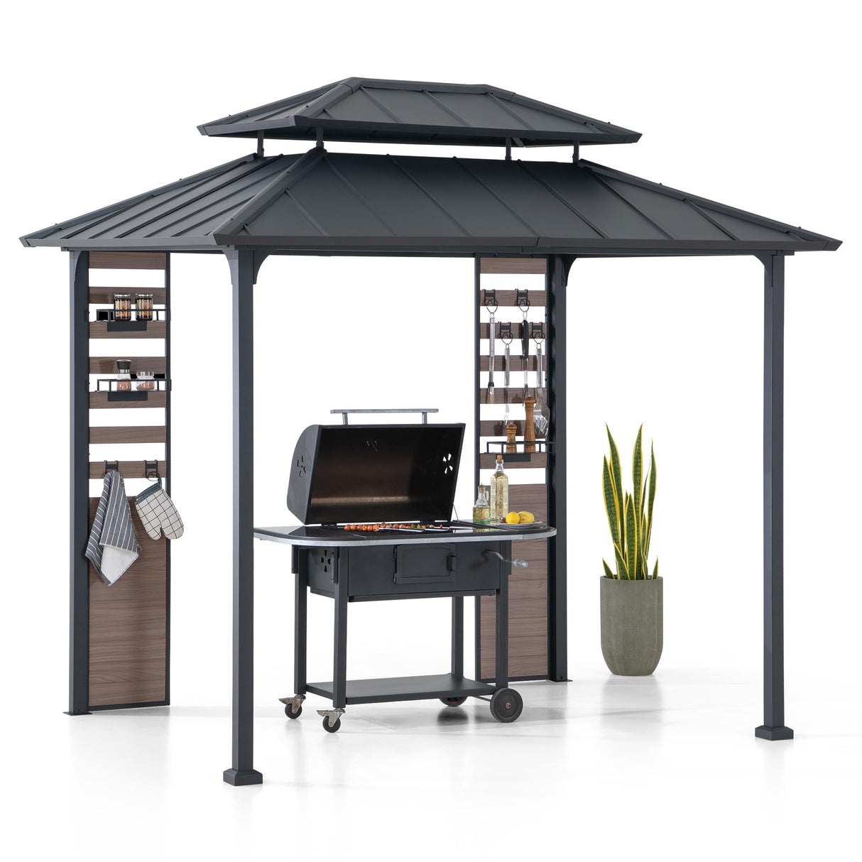 Sunjoy 7 x 9 ft. Grill Gazebo, 2-Tier Hardtop Gazebo Pergola with Ceiling Hooks and Storage Shelves, Matte Black Sunjoy