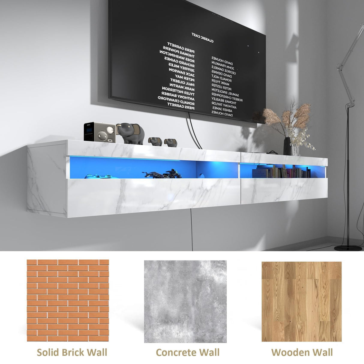 Floating TV Stand Wall Mounted with Power Outlet, Modern Floating Entertainment Center for 80 Inch TV, High Gloss Floating TV Shelf with LED Lights for Living Room, Bedroom, Marble White Doredo