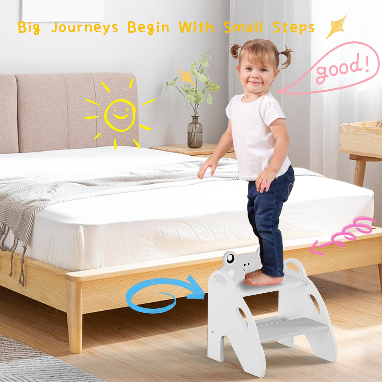 Ndahjahd Wooden Toddler Step Stool for Bathroom Sink,2 Step Stool for Kids,Kitchen Standing Tower,Children Learning Helper Stool with Safety Handles,Cute Kids Step Stool for Potty Training,Gray Ndahjahd