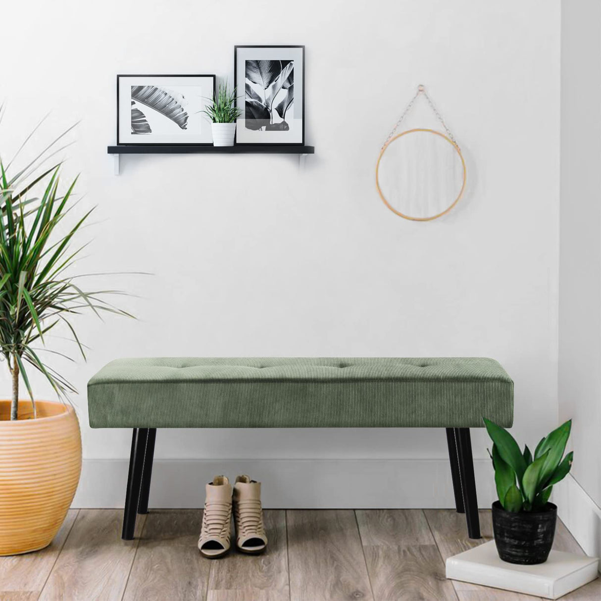 Comfy to go Entryway Bench - Green Bench for Bedroom, Modern Ottoman End of Bed, Corduroy Padded Benches for Living Room, Foyer, Mudroom, Hallway - 39" L x 14" W x 17" H Comfy to go