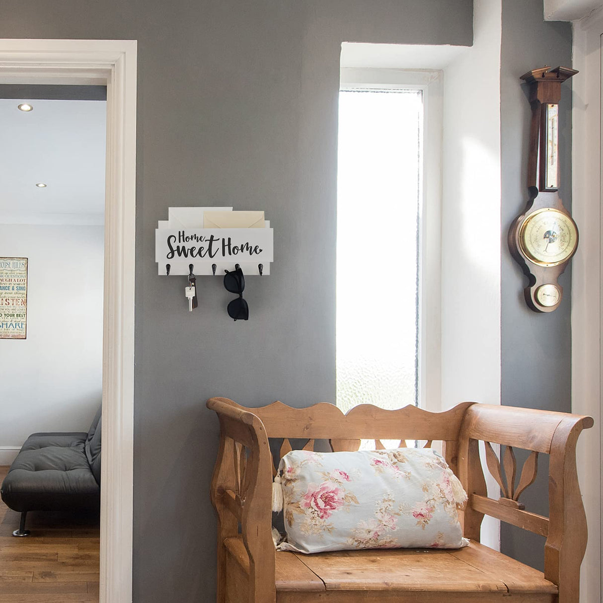 FIPUTE Mail and Key Holder for Wall, Decorative Entryway Organizer Shelf with Hooks for Dog Leash, Sunglasses, Purses, Coats – 100% Solid Wood Key Hanger 11.8” x 5.9” x 3.2” FIPUTE