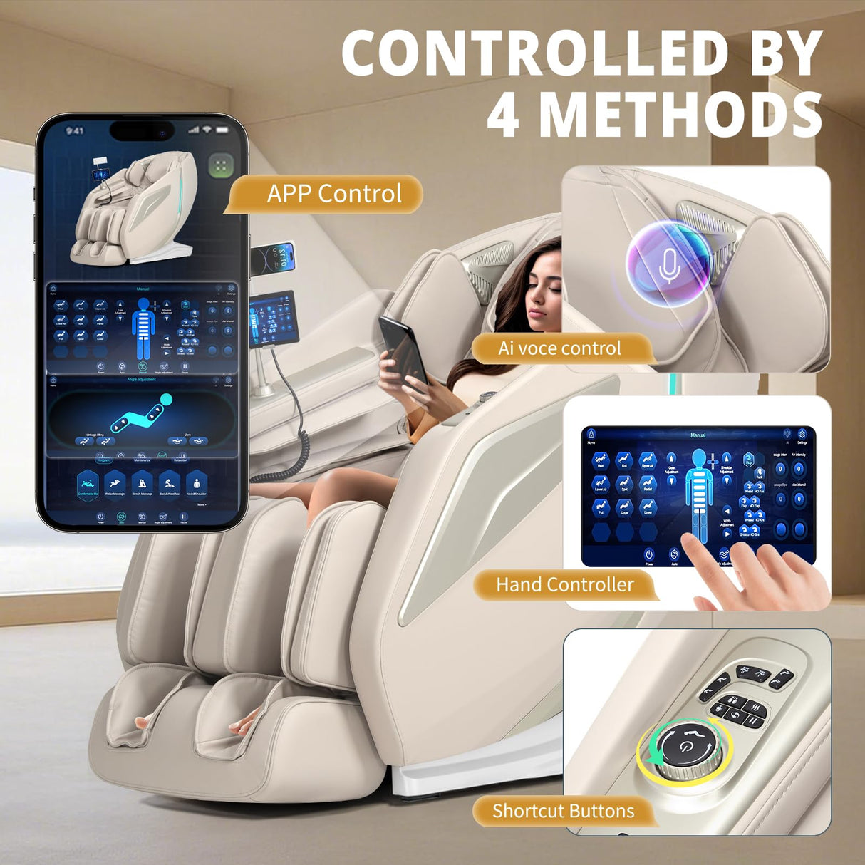 HealthRelife 4D Massage Chair Full Body Zero Gravity Recliner - 55“ SL-Track,15 Auto Modes,11 Massage Technique,40 Airbags Massage,with Yoga Stretch,APP Control,Shiatsu Foot Massage(Beige) HealthRelife