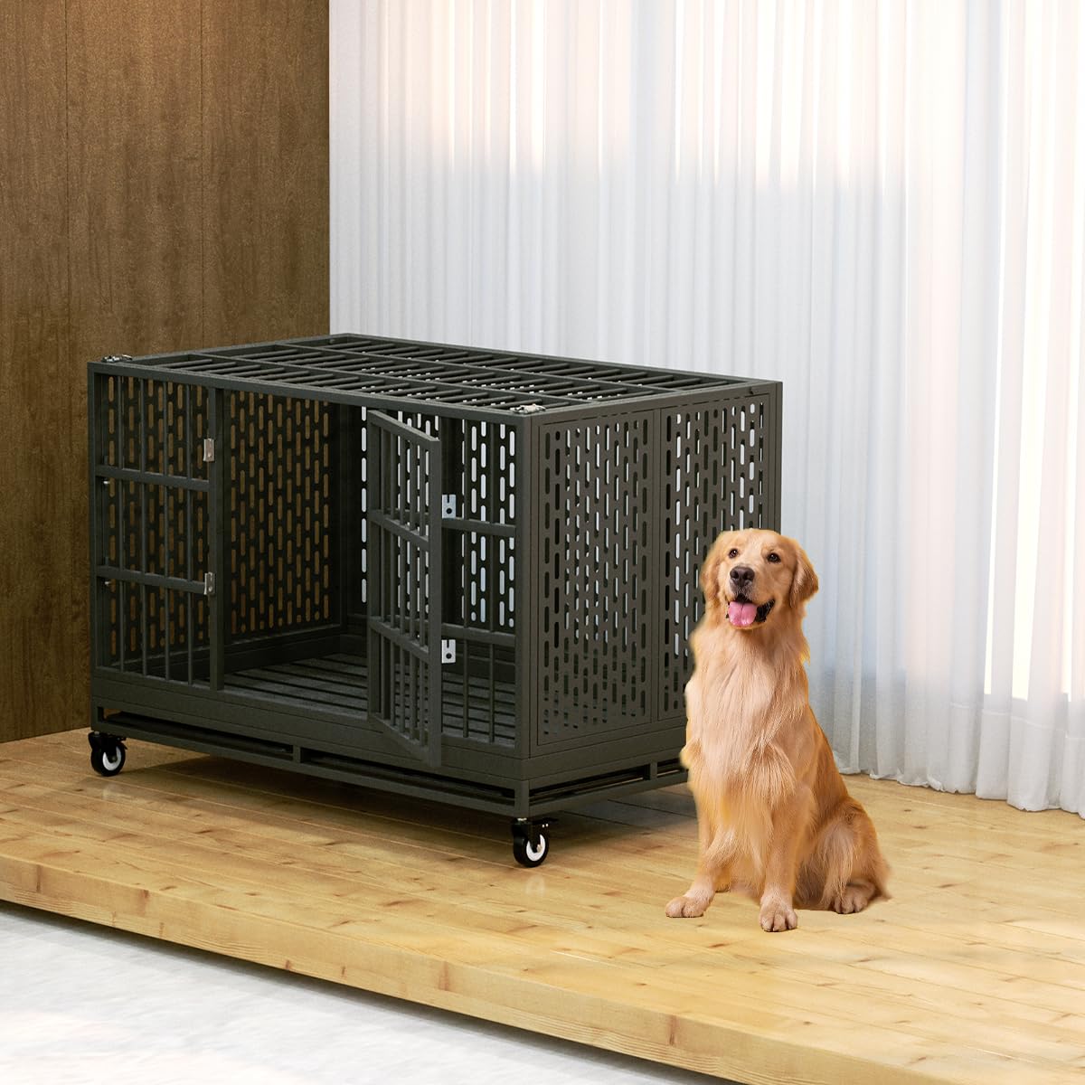 Snuowu 48 Inch Heavy Duty Dog Crate with Wheels, Folding Metal Big Dog Cage for Large and Medium Dogs, Extra Large XL XXL Indestructible Dog Crate with Removable Tray.