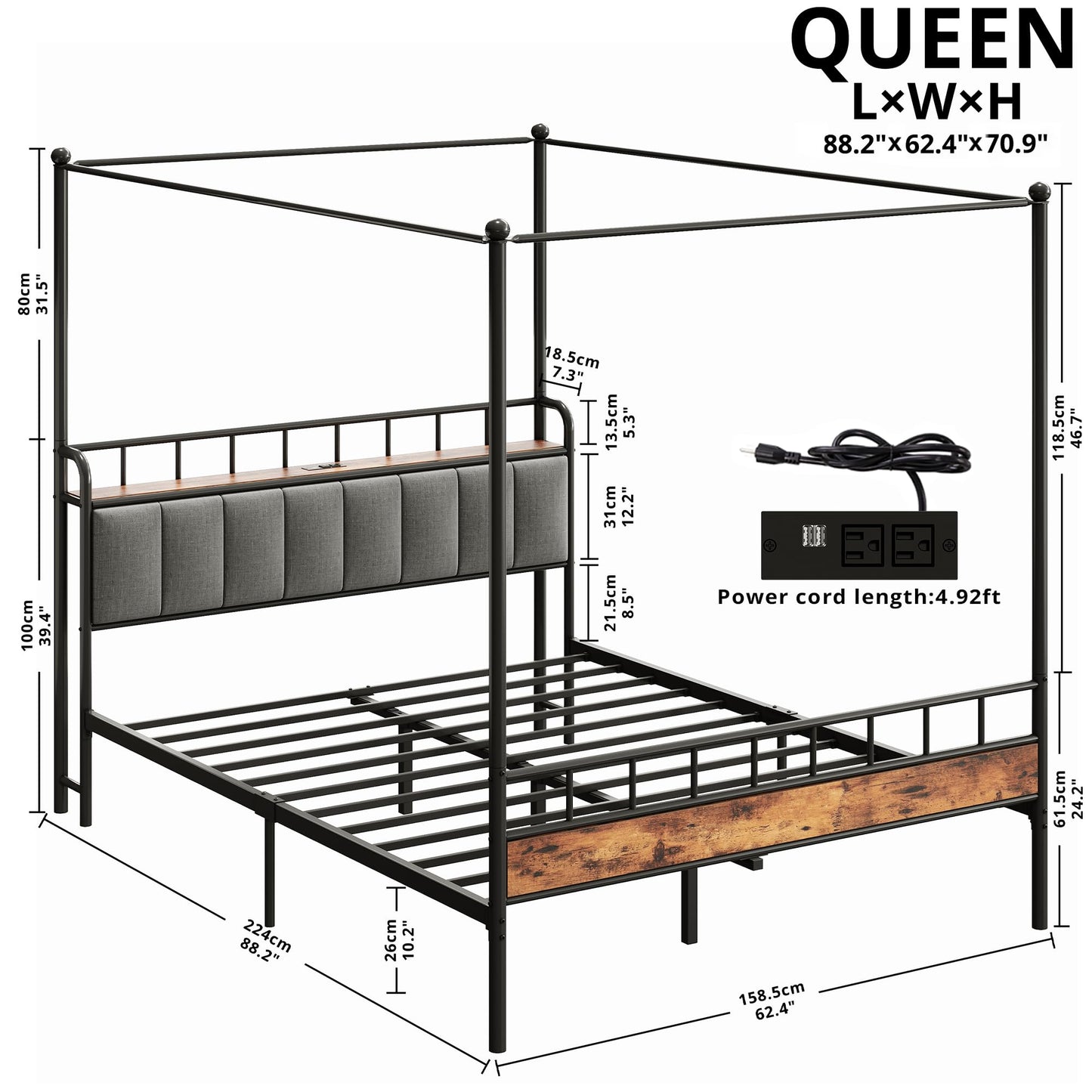 Queen Canopy Bed Frame with Storage Headboard and Charging Station in Vintage Brown - WoodArtSupply