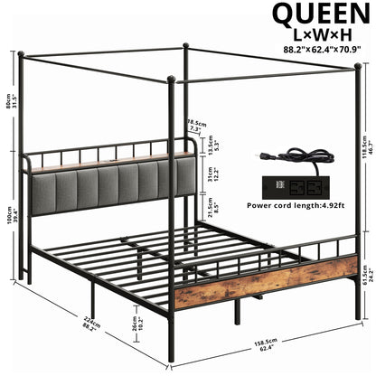 Queen Canopy Bed Frame with Storage Headboard and Charging Station in Vintage Brown - WoodArtSupply