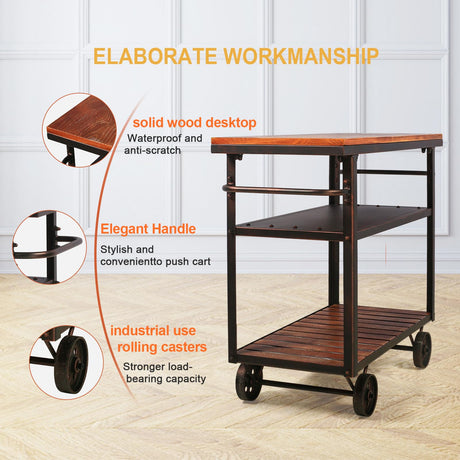 BOKKOLIK Farmhouse Mobile Cart with Wheels for Home Kitchen Industrial Rolling Food Cart Outdoor Vintage Wood and Metal Design Utility Cart in Office Coffee House 3 Tier with 2 Side Handle BOKKOLIK
