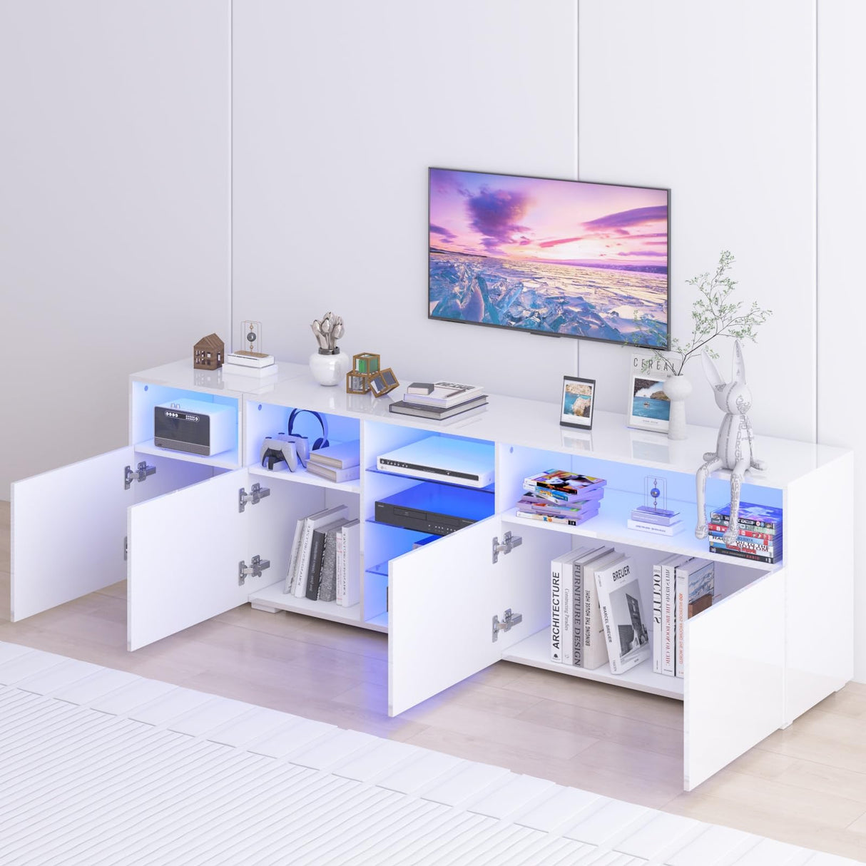 Hlivelood LED TV Stand for 85/75/65 Inch TV, High Glossy Modern TV Console Entertainment Center with Storage and LED Lights for Living Room, Bedroom, White Hlivelood