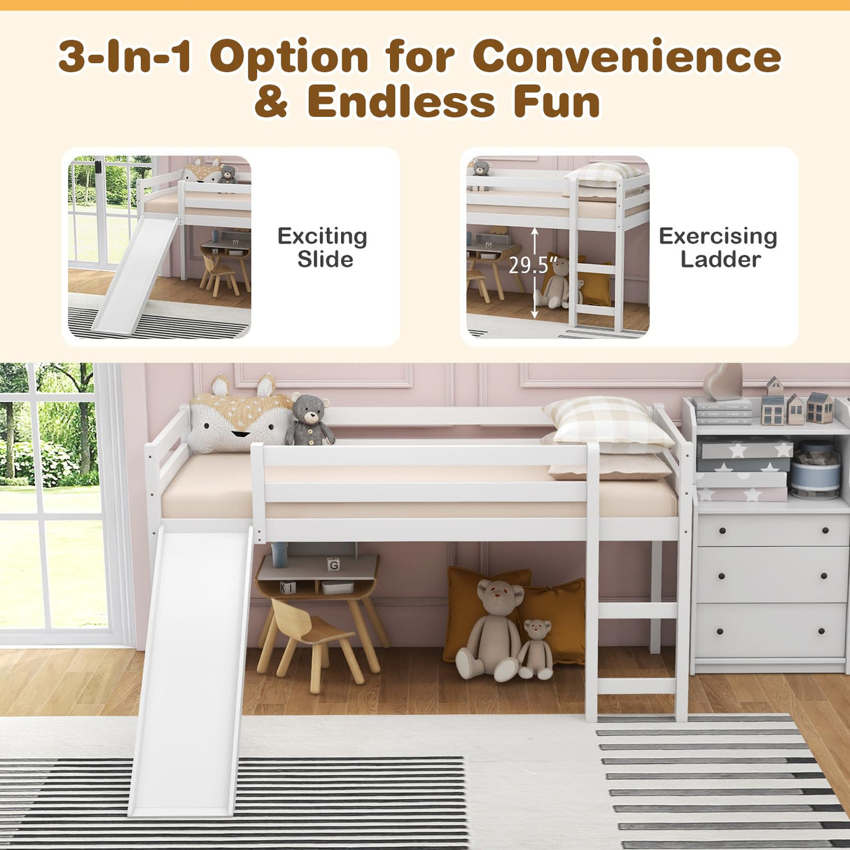 Giantex Twin Loft Bed with Slide, Wood Low Loft Bed for Kids, Toddlers, Climbing Ladder & Storage Space, Twin Kids Bed for Girls Boys, No Box Spring Needed, White Giantex