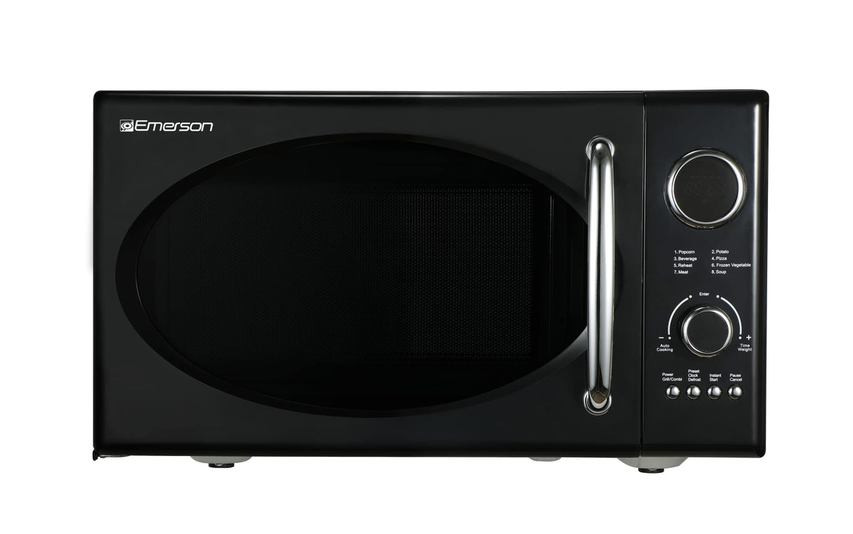 Emerson MWRG0901BK Retro Compact Countertop 800W Microwave Oven with 1,000W Grill Function, LED Display, 5 Power Levels, 8 Auto Menus, Glass Turntable and Child Safe Lock, 0.9 Cu. Ft., Black Emerson