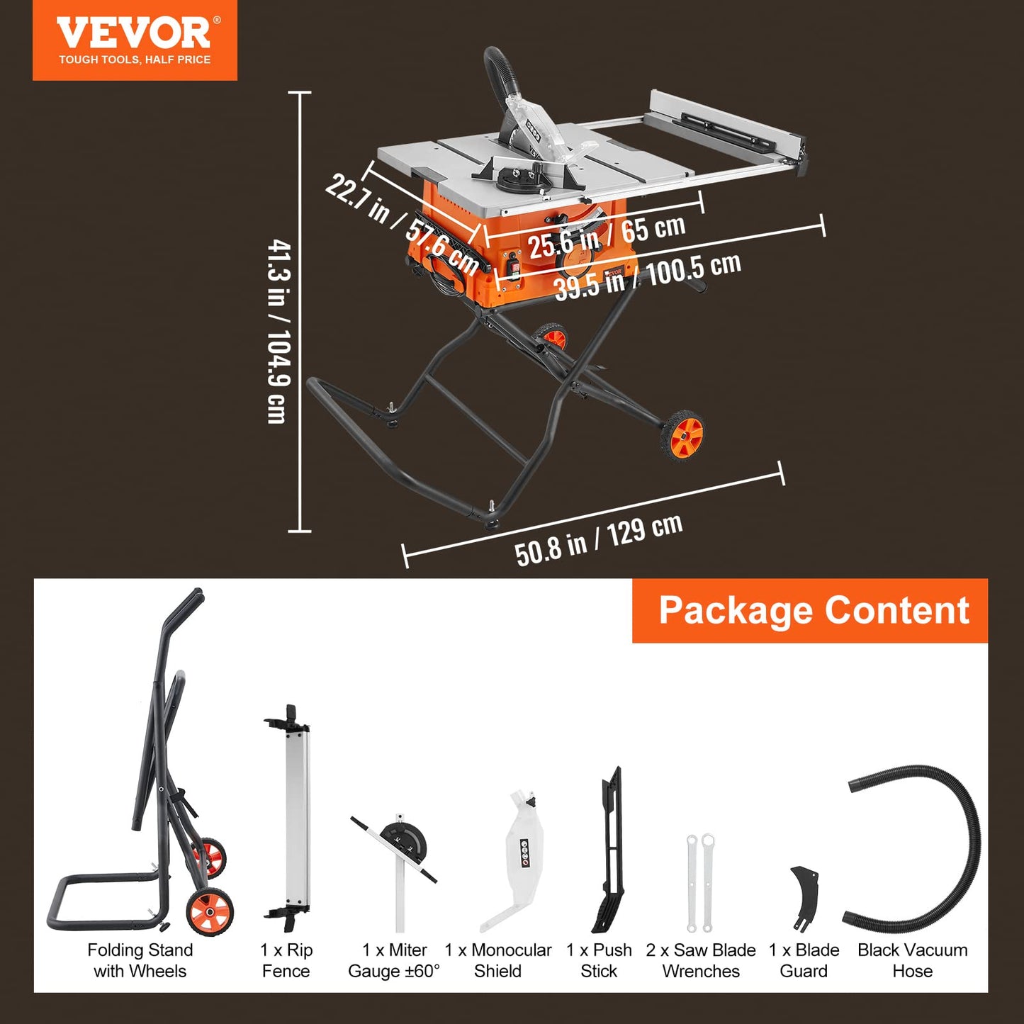 VEVOR Table Saw with Stand, 10-inch 15-Amp, 25-in Max Rip Capacity, Cutting Speed up to 5000RPM, 40T Blade, Portable Compact Jobsite Tablesaw w/Sliding Miter Gauge for Woodworking & Furniture - WoodArtSupply