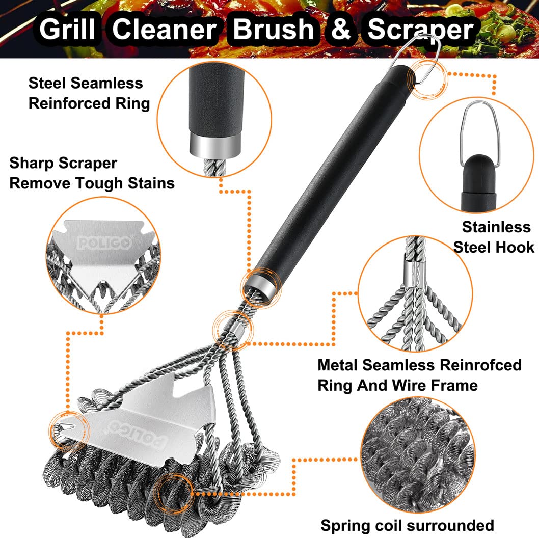 POLIGO BBQ Grill Cleaning Brush Bristle Free & Scraper - Triple Helix Design Barbecue Cleaner - Non-Bristle Grill Brush and Scraper Safe for Gas Charcoal Porcelain Grills - Ideal Grill Tools Gift POLIGO