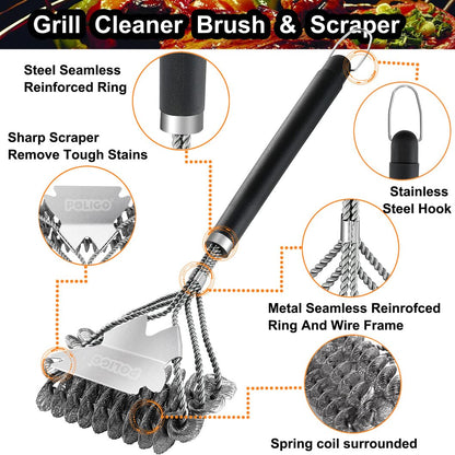 POLIGO BBQ Grill Cleaning Brush Bristle Free & Scraper - Triple Helix Design Barbecue Cleaner - Non-Bristle Grill Brush and Scraper Safe for Gas Charcoal Porcelain Grills - Ideal Grill Tools Gift