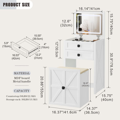 FREDEES Farmhouse 3 in 1 Vanity Desk with Mirror,Small Makeup Vanity Set with Soft Light, Space-Saving Makeup Vanity with Storage Compartment and Padded Stool,Dressing Table for Bedroom,White - WoodArtSupply