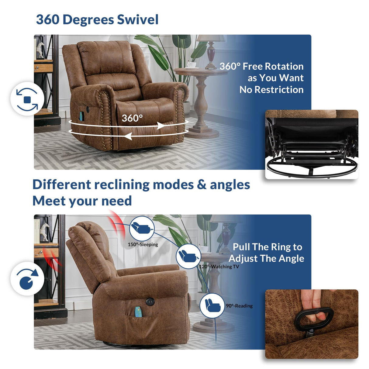 SOCIALCOMFY Swivel Rocker Recliner Chair with Heat and Vibration, 360° Swivel Glider Rocker Manual Reclining Chair, Massage Rocking Recliners with Side Pockets & USB Ports for Living Room, Nut Brown SOCIALCOMFY