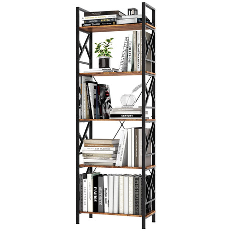 72"H 5-Tier Bookshelf: MDF Wood & Steel Shelves with 500lbs,Tall Narrow Adjustable-Shelf Bookcase.Bookshelves Storage Organizer, Industrial Display Standing Shelf Unit for Living Room/bedroom/Office FREGREE