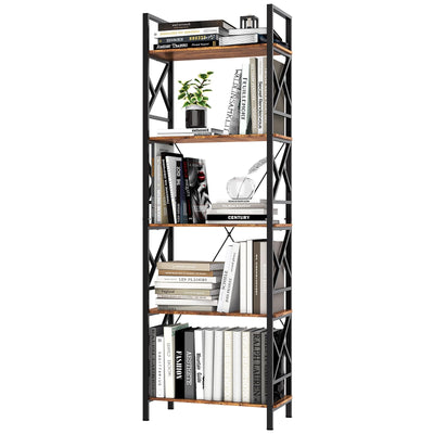 72"H 5-Tier Bookshelf: MDF Wood & Steel Shelves with 500lbs,Tall Narrow Adjustable-Shelf Bookcase.Bookshelves Storage Organizer, Industrial Display Standing Shelf Unit for Living Room/bedroom/Office