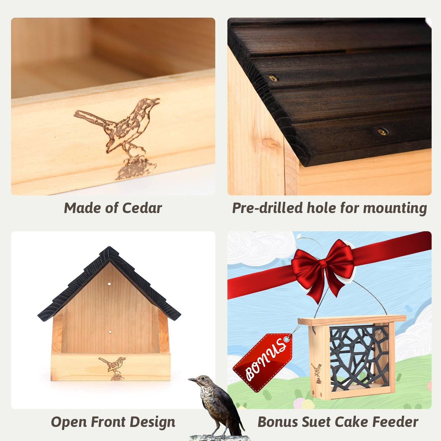 Cedar Open Nesting Box - Cardinal Swallow Bird House Shelter Shelf -Suet Cake Bird Feeder - Birdhouse for Pheobe,Blackbird,Robins,Doves DIY Birdhouse Feeder Kits for Adults.