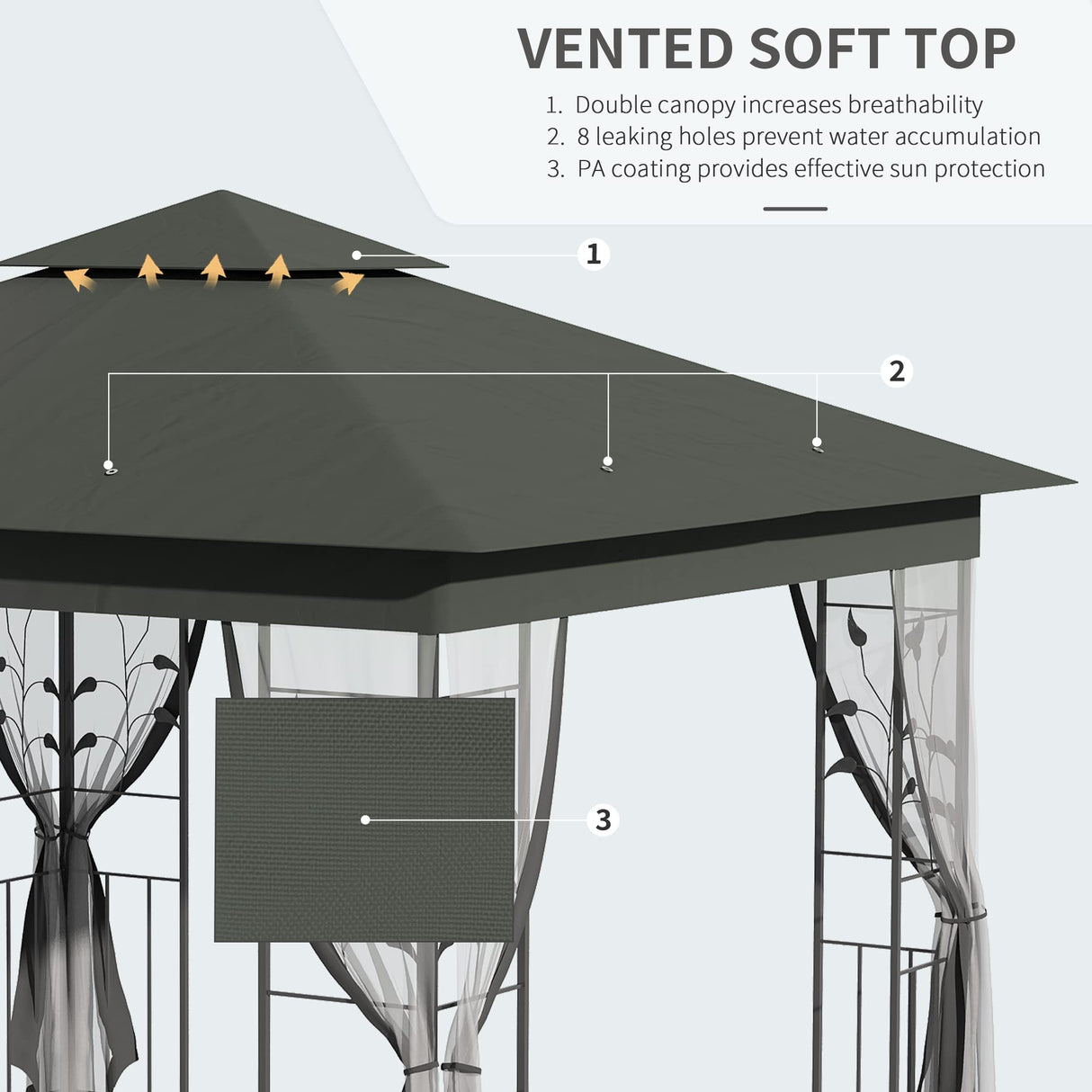Outsunny 10' x 10' Metal Patio Gazebo, Double Roof Outdoor Gazebo Canopy Shelter with Tree Motifs Corner Frame and Netting, for Garden, Lawn, Backyard, and Deck, Gray Outsunny