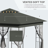 Outsunny 10' x 10' Metal Patio Gazebo, Double Roof Outdoor Gazebo Canopy Shelter with Tree Motifs Corner Frame and Netting, for Garden, Lawn, Backyard, and Deck, Gray Outsunny