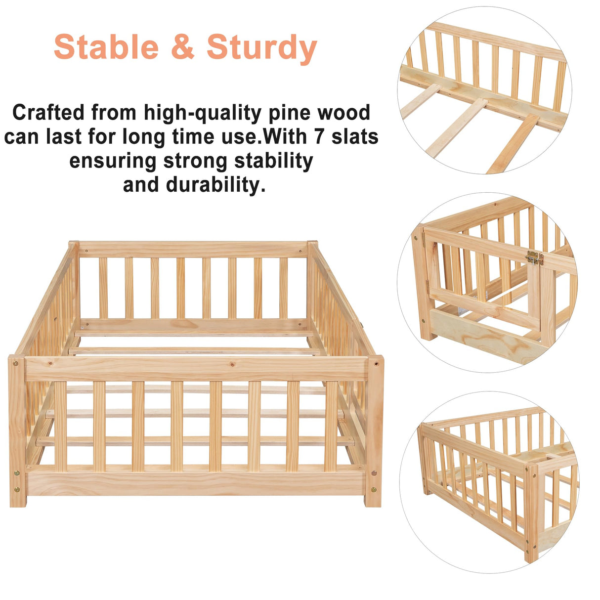 Bellemave Natural Twin Size Montessori Floor Bed with Door, Fence, and Removable Slats for Kids Bellemave