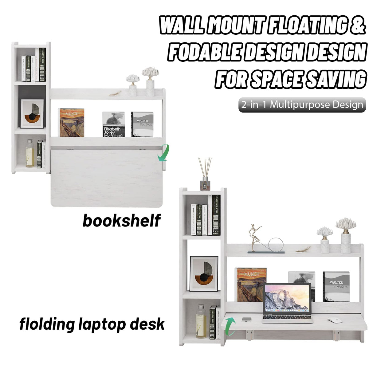 Pmnianhua 41'' Wall Mounted Floating Desk with Storage Shelves - Space Saving Workstation in Greyish White Pmnianhua