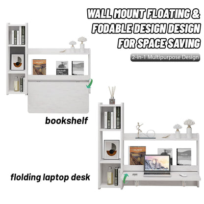 Pmnianhua 41'' Wall Mounted Floating Desk with Storage Shelves - Space Saving Workstation in Greyish White - WoodArtSupply