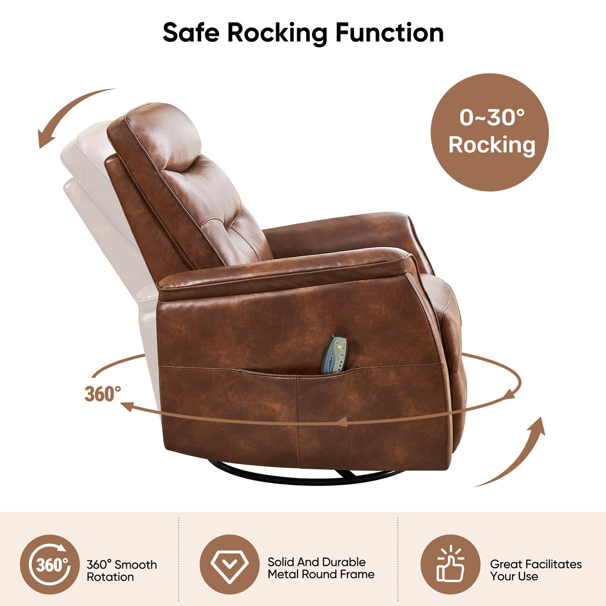 choairy Massage Rocker Recliner Chair, Oversized Manual Glider Rocking Recliners, Reclining Chair with Massage and Heat, Faux Leather Nursery Recliner for Living Room, Dark Brown choairy