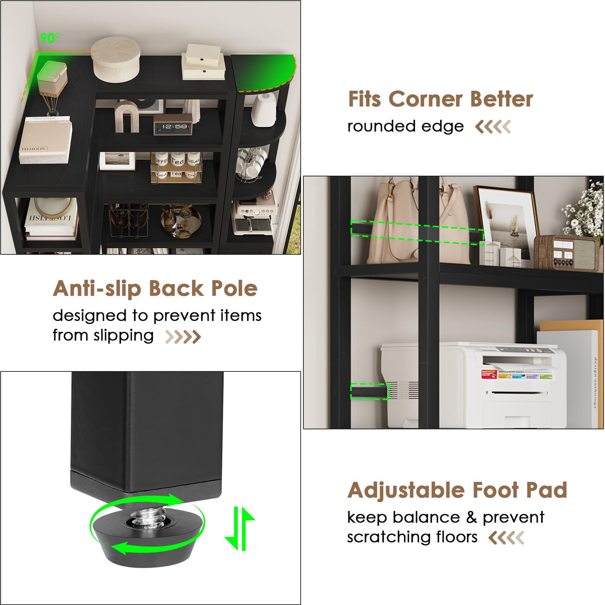 Keyluv Black Corner Bookshelf 72" Tall Corner Book Shelves Cases 2 Pieces Open Bookcase Large Storage Display Shelf Standing 6 Tier Shelving Unit with Cabinet for Home office Living Room, Wood & Metal Keyluv