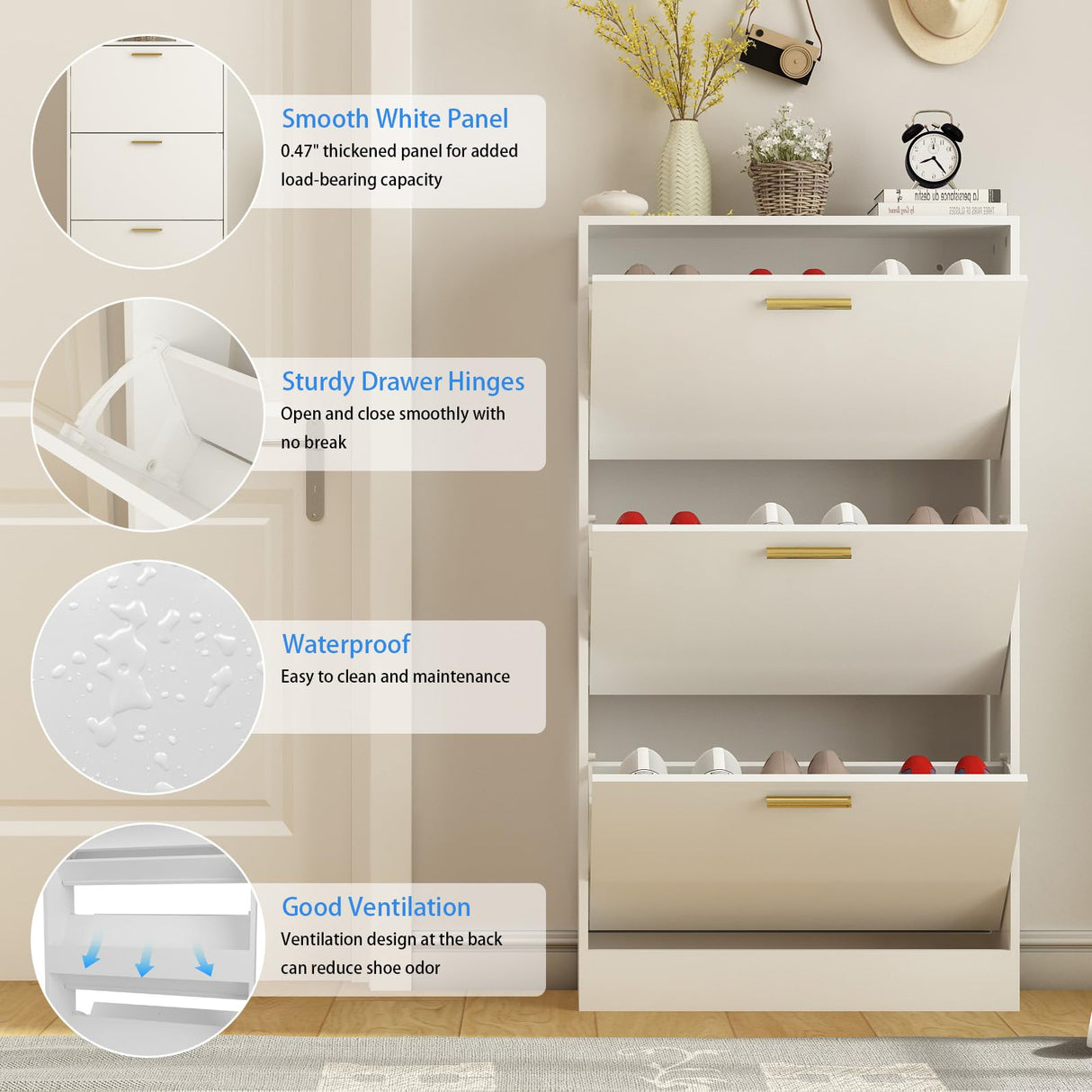 NOVAMAISON Narrow Shoe Storage Cabinet, Shoe Cabinet for Entryway with 3 Flip Drawers, Wood Hidden Shoe Storage, Freestanding Shoe Organizer for Hallway, Bedroom, Apartment, White NOVAMAISON