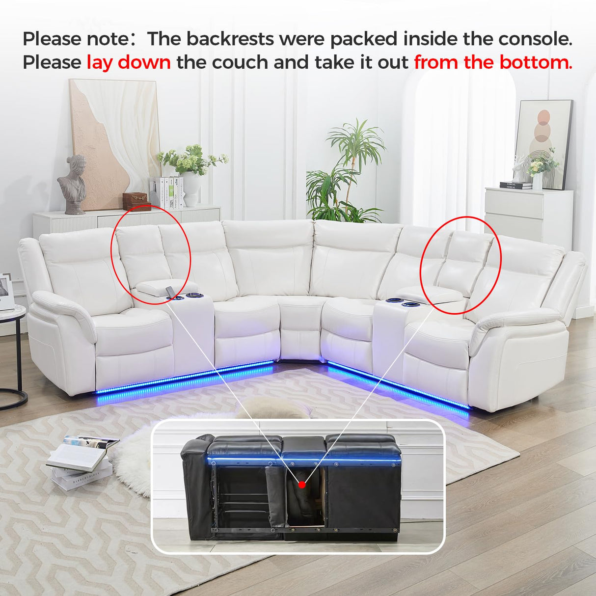 Power Recliner Sectional Sofa Couches with LED Lights for Living Room, Faux Leather Wall Hugger Reclining Corner Couch Sets with 2 Home Theater Seat, USB Charger, Cup Holder, Storage Console, White Comfort Stretch