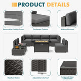 Incbruce 8-Piece Patio Furniture Set with Fire Pit Table, PE Black Brown Wicker Rattan Outdoor Sectional Couch, Patio Conversation Set with Glass Table and Removable Cushions (Grey) Incbruce