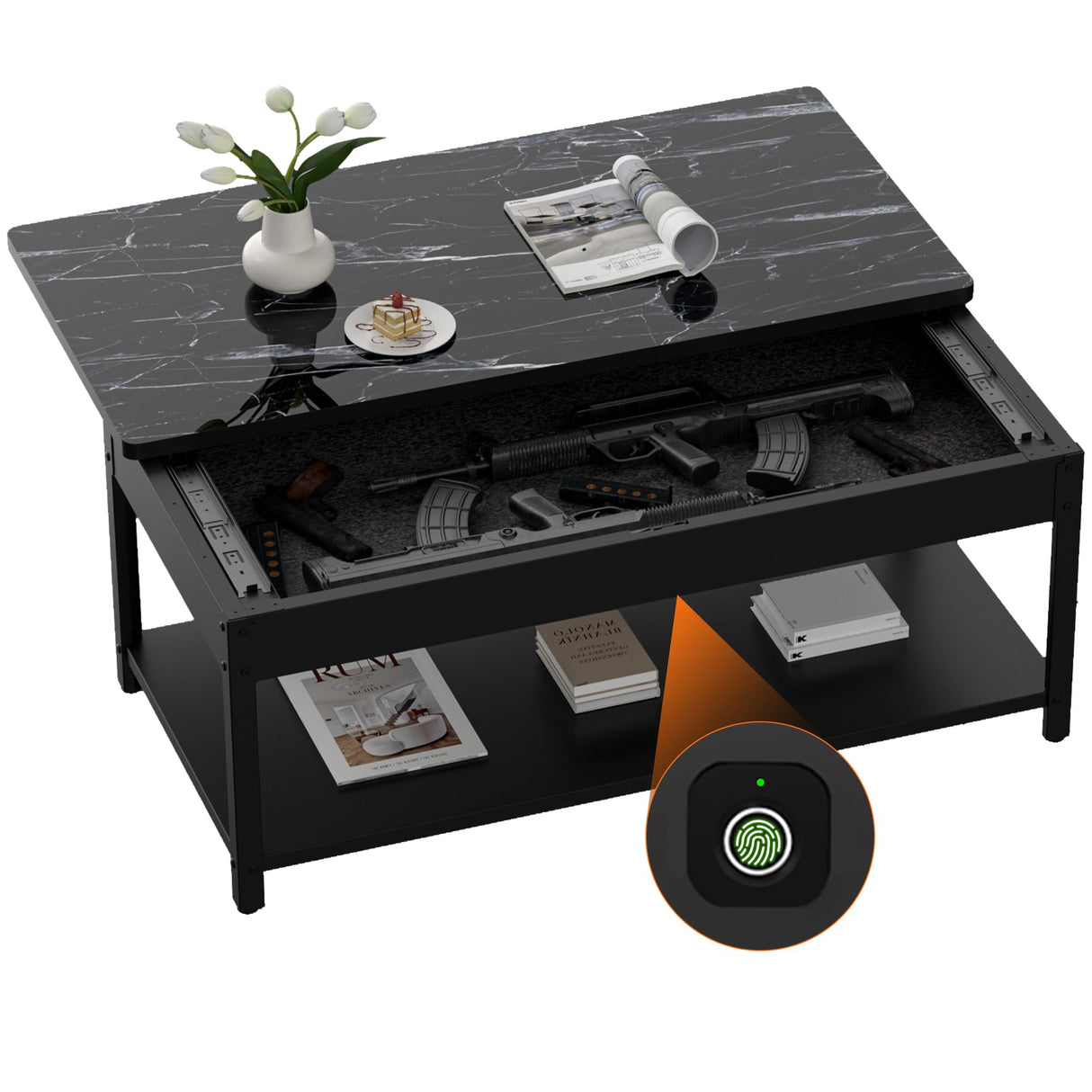 Gun Safe with Biometric Lock, Biometric Fingerprint Gun Safe for Rifles and Pistols, Hidden Gun Storage for Jewelry Money Rifles Pistols and Ammo, Use as Coffe Table (Black Marble Wood) Xyvaly
