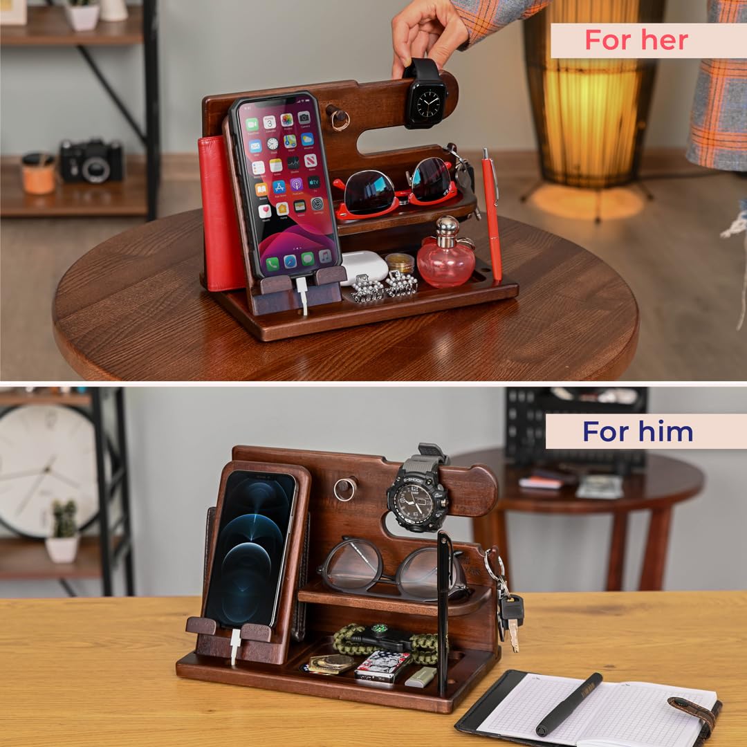 TESLYAR Wood Phone Docking Station for Men - Desk or Nightstand Organizer - Birthday Gifts for Husband or Dad - Anniversary Idea from Wife - Key Holder - Stand Wallet, Watch & Essentials (Nut Brown) TESLYAR