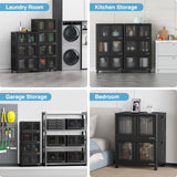 BROVIEW 240Qt Stackable Storage Bins with Lids, 60Gal Plastic Collapsible Storage Bins with Doors and Wheels, Closet Organizers and Storage, Black Folding Storage Cabinet for Home Garage, 3 Pack Cube BROVIEW