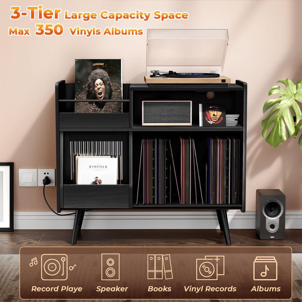 Large Record Player Stand with Sliding Door,350 Vinyl Record Storage Cabinet, Record Player Table with Power Outlet and LED Light,Turntable Stand with Wood Legs for Living Room,Bedroom,Office MULEJYBO