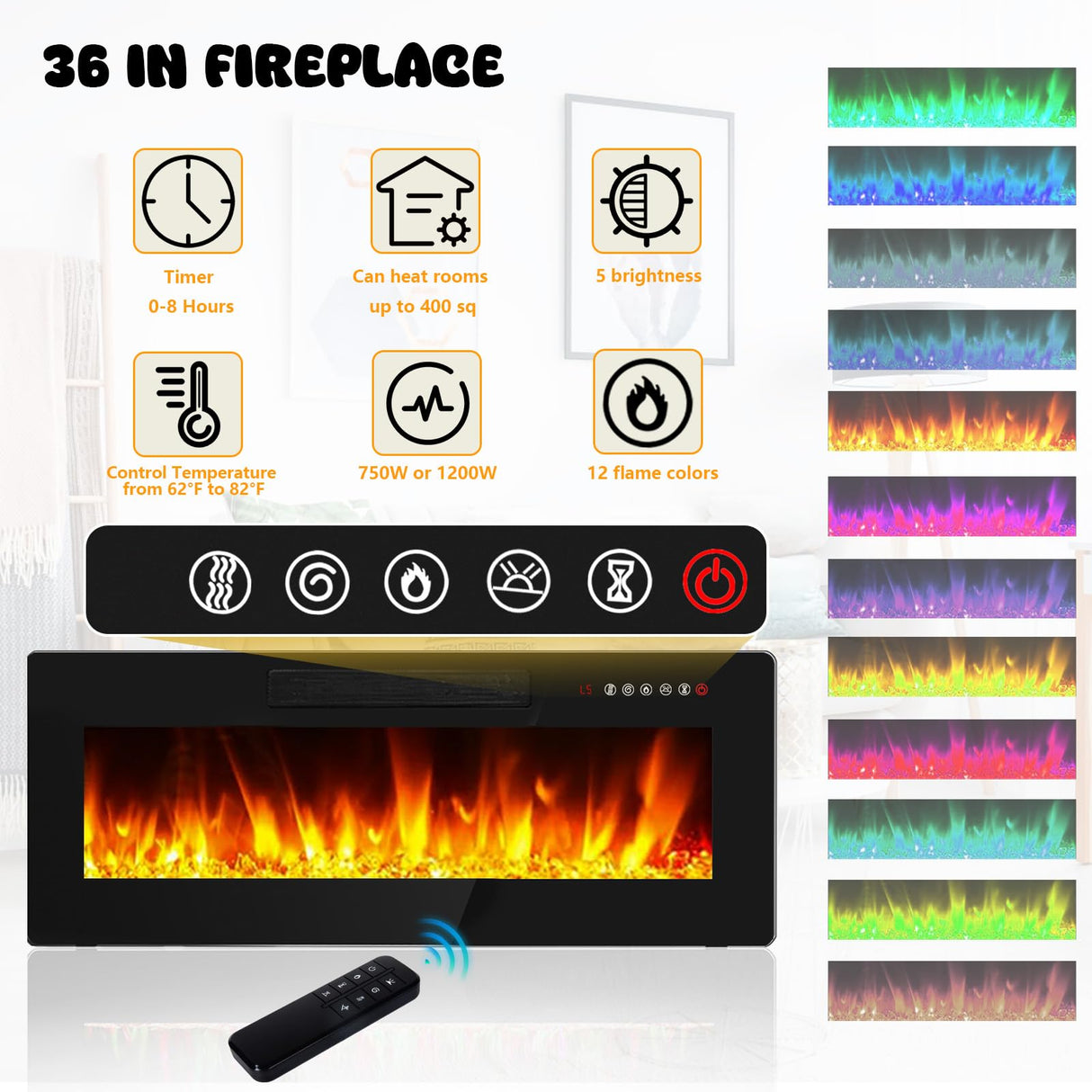 LEMBERI Floating Fireplace TV Stand 70'' Wall Mounted Shelf, LED Light Entertainment Center and Storage, Modern Wood Media TV Console with Highlight Cabinet for Living Room (Black) LEMBERI