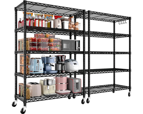 PrimeZone 74''H Wire Shelving 1250lbs 5 Tier Storage Shelves with Wheels NSF Certified Heavy Duty Steel Metal Shelf Adjustable Rolling Rack Kitchen Garage Closet Pantry Laundry 74''HX36''WX14''D 2PCS PrimeZone