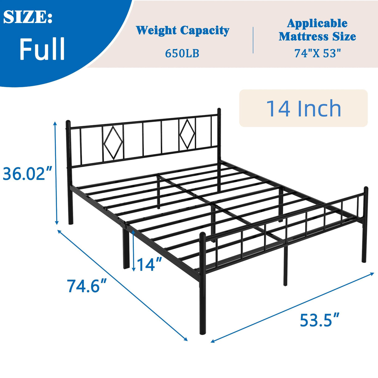 FONTOI Full Size Bed Frame, 14 Inch Metal Platform Bed with Iron-Art Headboard & Footboard, Classic Bed Frame with Heavy Duty Metal Slats Support, Under Bed Storage & No Box Spring Needed, Black FONTOI
